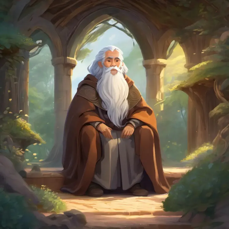Wise elder, silver hair, brown eyes, cloak of woven tales imparting wisdom about love's diversity