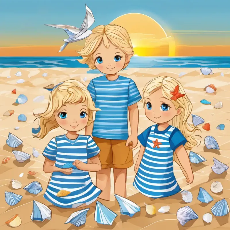 Blonde hair, blue eyes, wearing a striped shirt and Blonde hair, blue eyes, wearing a striped shirt, a brother and sister with sandy blonde hair, are wearing matching striped shirts and picking up seashells on the beach. The sun is shining and seagulls are flying in the background.