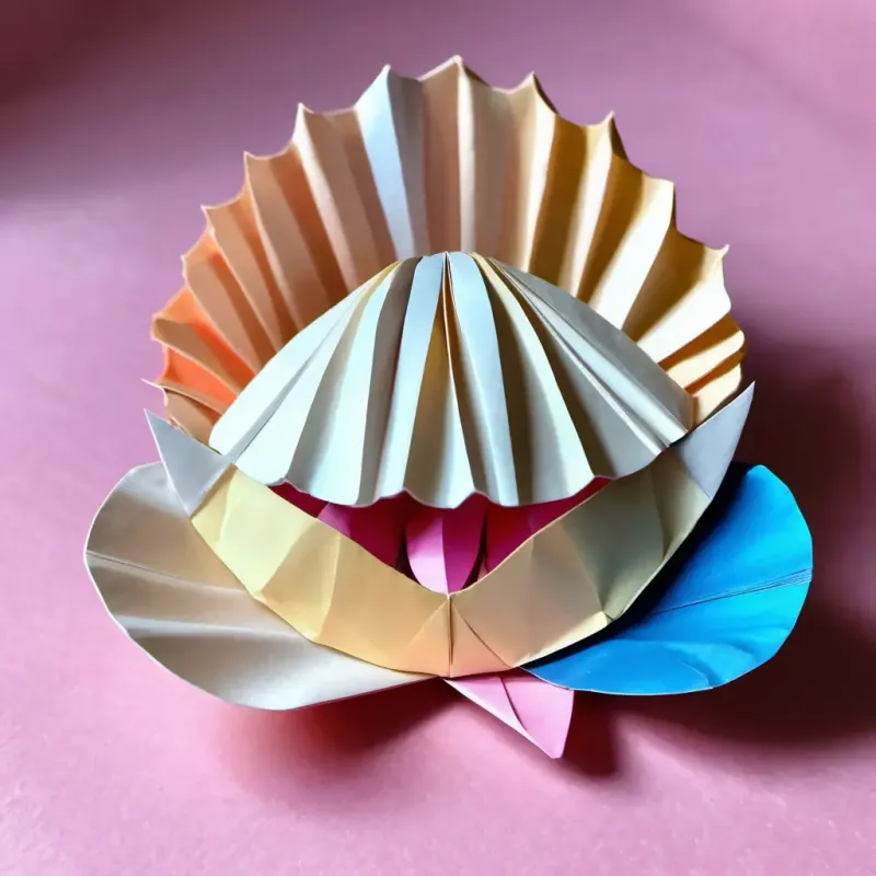 The seashell, with a shiny pink shell, seemed to have a smiling face. Blonde hair, blue eyes, wearing a striped shirt and Blonde hair, blue eyes, wearing a striped shirt are wide-eyed with surprise and wonder.