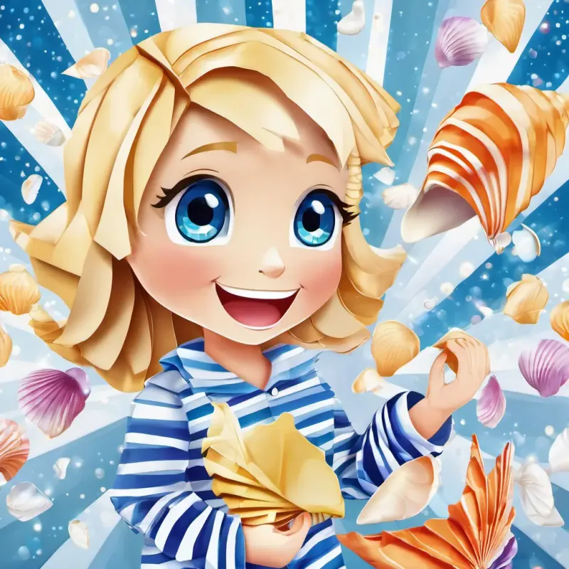 Blonde hair, blue eyes, wearing a striped shirt and Blonde hair, blue eyes, wearing a striped shirt are giggling as they shake the seashell, and it makes a tinkling sound. The seashell's mouth moves as it talks to them, and colorful sparkles fly out from it.
