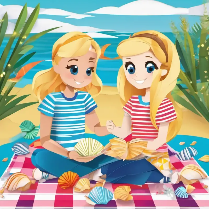 Blonde hair, blue eyes, wearing a striped shirt and Blonde hair, blue eyes, wearing a striped shirt are sitting on a colorful picnic blanket, holding the seashell between them. The seashell is glowing and making musical notes. They look happy and connected as they talk to each other.