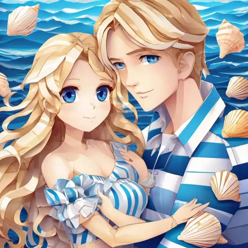 Blonde hair, blue eyes, wearing a striped shirt and Blonde hair, blue eyes, wearing a striped shirt are hugging, and the seashell is shining brightly. It looks like the shining light is spreading out around them, creating a warm and loving atmosphere.