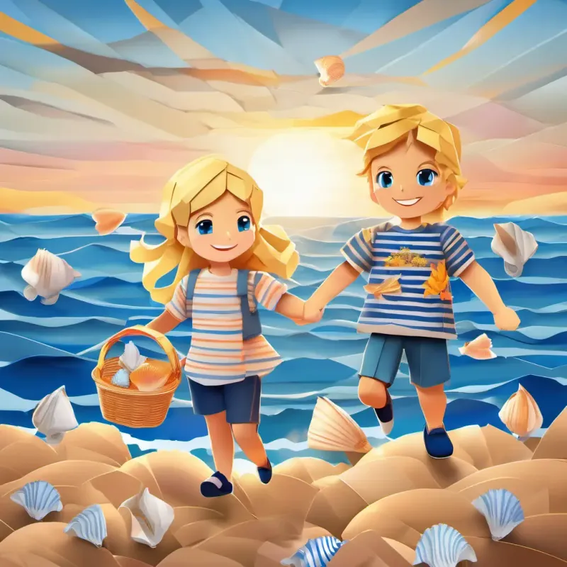 Blonde hair, blue eyes, wearing a striped shirt and Blonde hair, blue eyes, wearing a striped shirt are happily skipping on the way back home, holding hands and singing. The sun is setting, and the seashells they collected are in a basket.