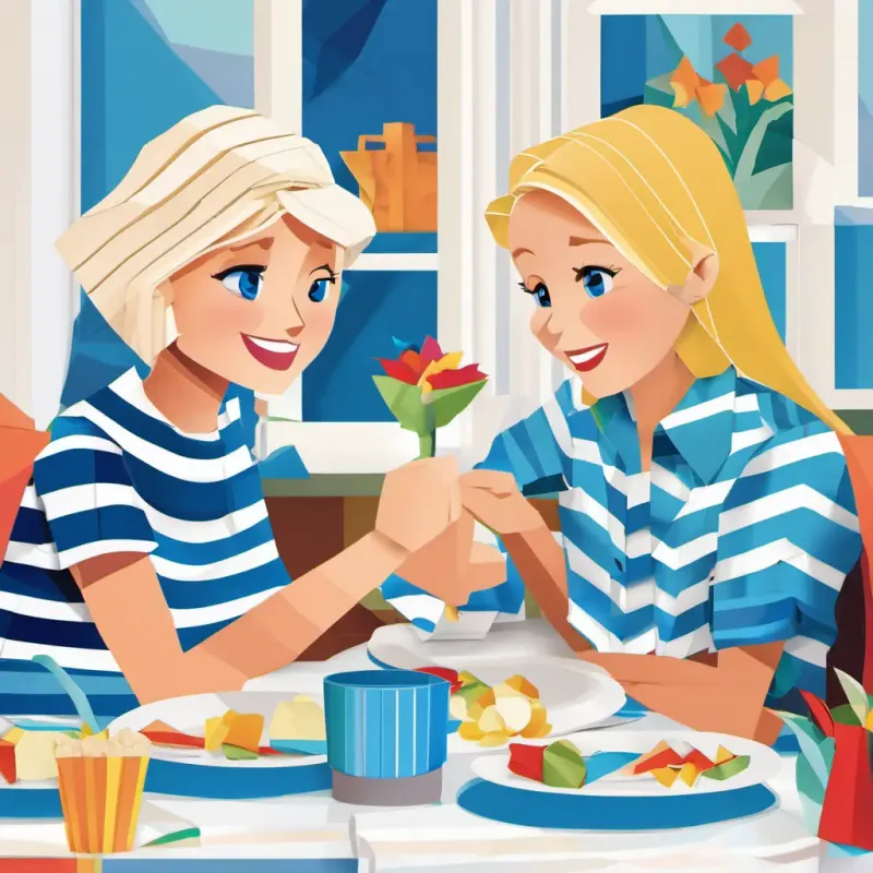 Blonde hair, blue eyes, wearing a striped shirt and Blonde hair, blue eyes, wearing a striped shirt are sitting at the dinner table with their parents, sharing stories, laughing, and smiling at each other.