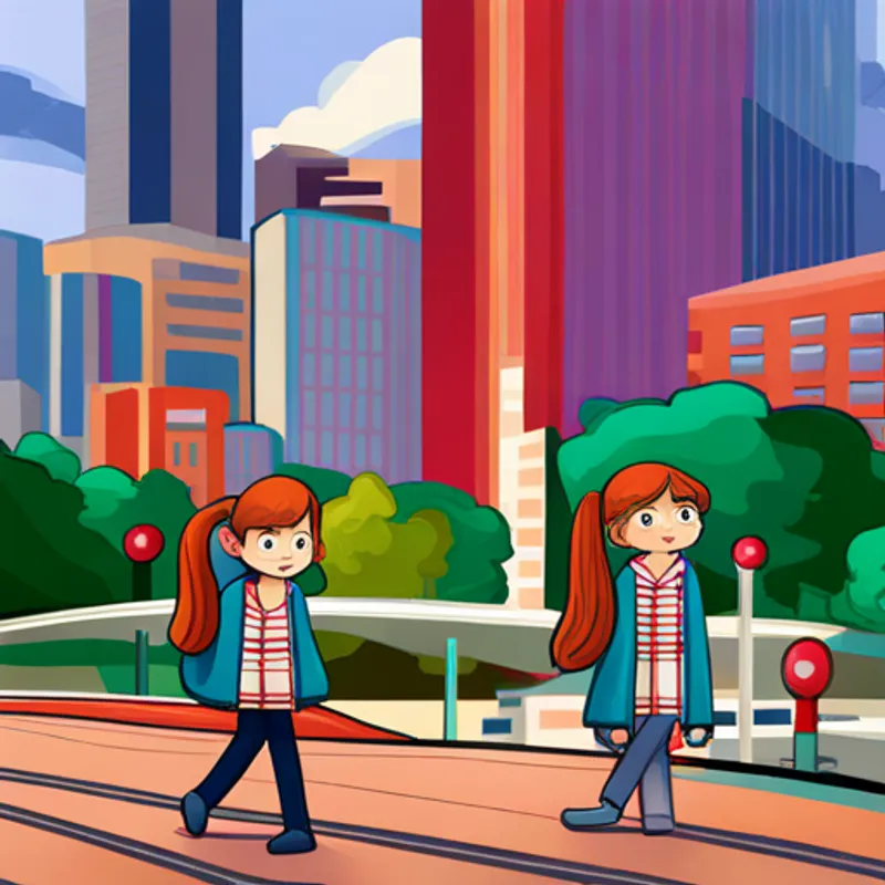 Sisters in city, tall buildings in background, cars