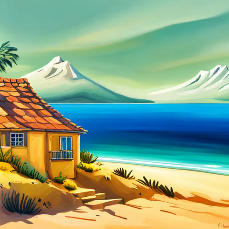 House by sea, sand, mountains, blue sky