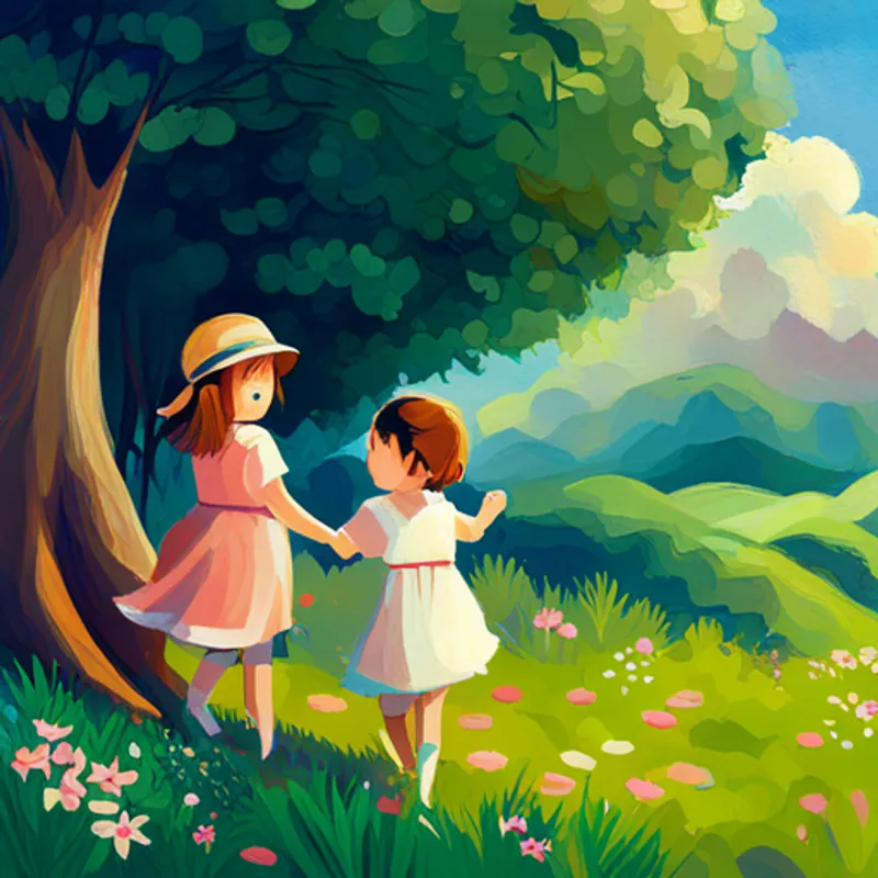 Girls playing with flowers, trees and grass