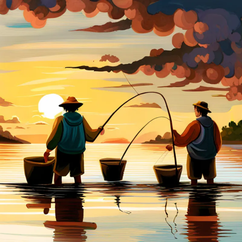 Fishermen with nets, fish in baskets