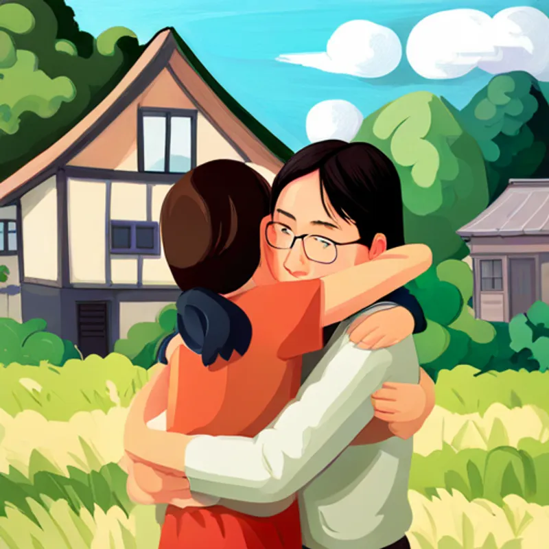 Girls hugging parents, house in background
