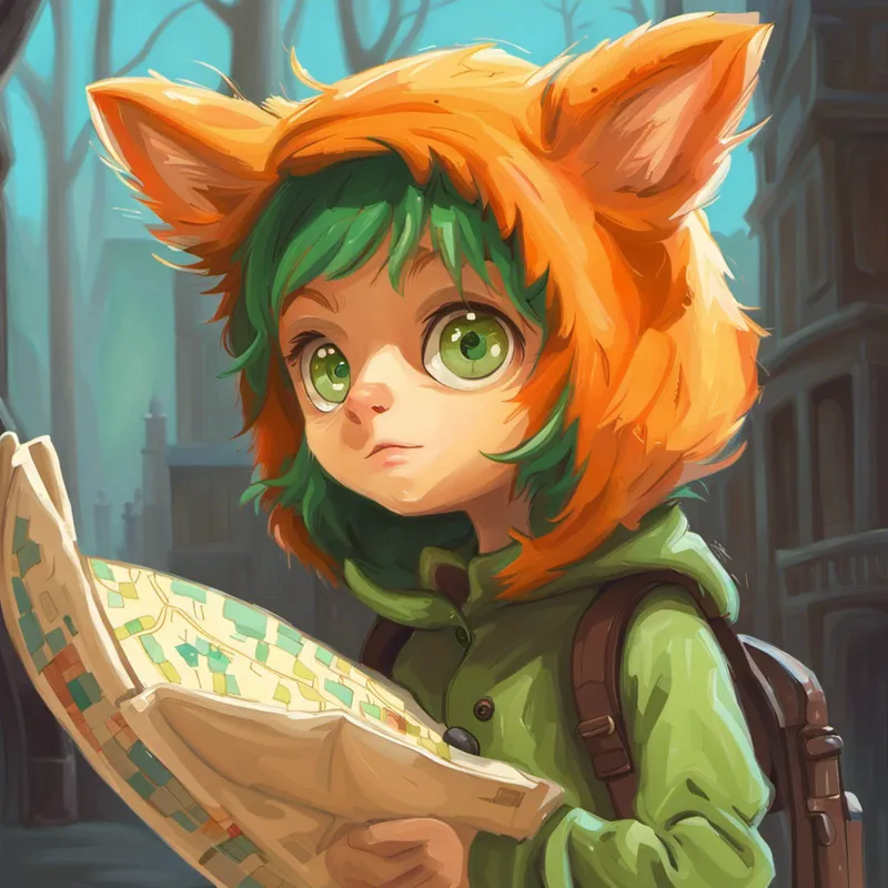 Curious and playful, with orange fur and green eyes. with wide eyes looking at a map