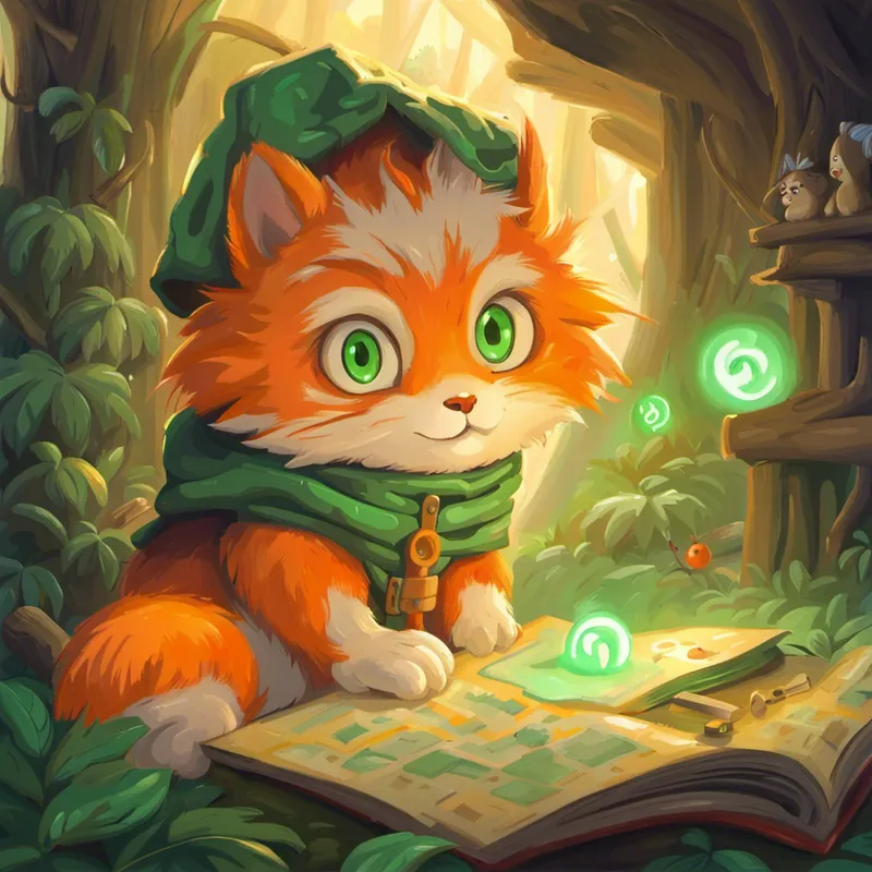 Curious and playful, with orange fur and green eyes. finding a map with glowing symbols