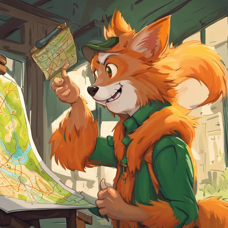 Curious and playful, with orange fur and green eyes. excitedly pointing at a map