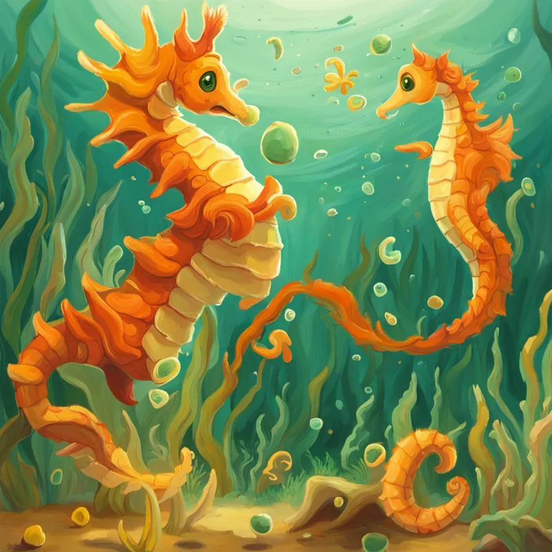Curious and playful, with orange fur and green eyes. helping seahorses find their way
