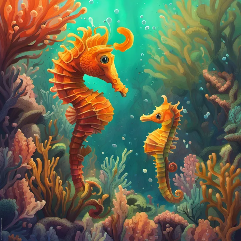 Curious and playful, with orange fur and green eyes. leading seahorses through coral reefs