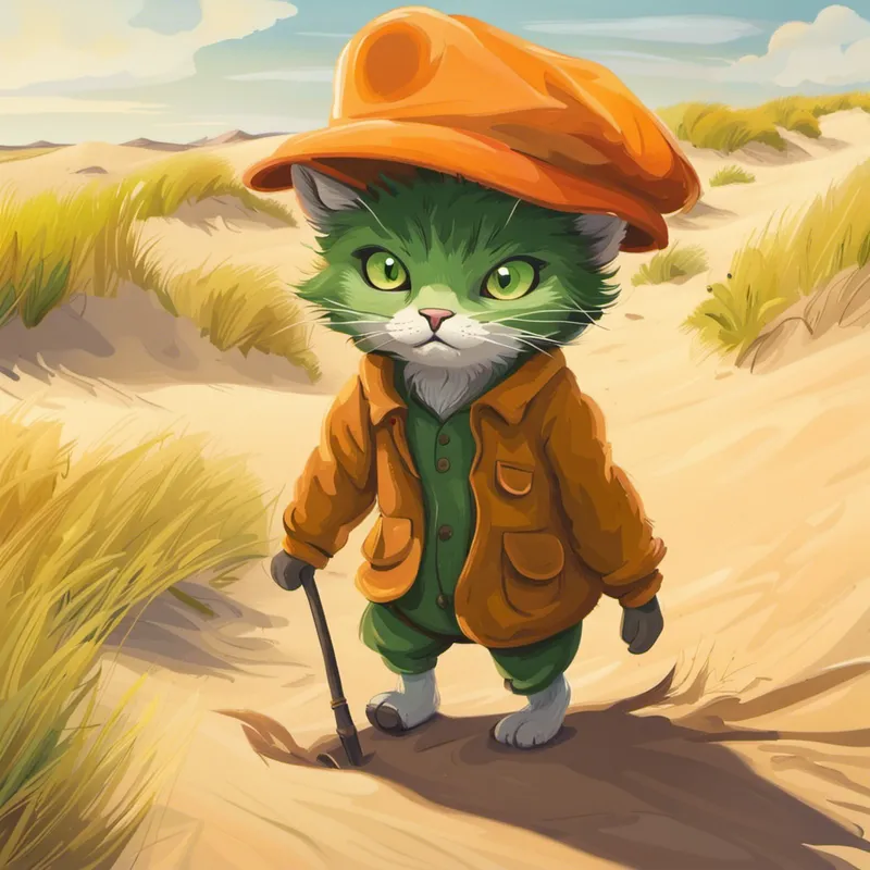 Curious and playful, with orange fur and green eyes. wearing a hat, walking on sandy dunes