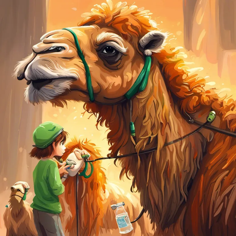 Curious and playful, with orange fur and green eyes. giving water to a tired camel