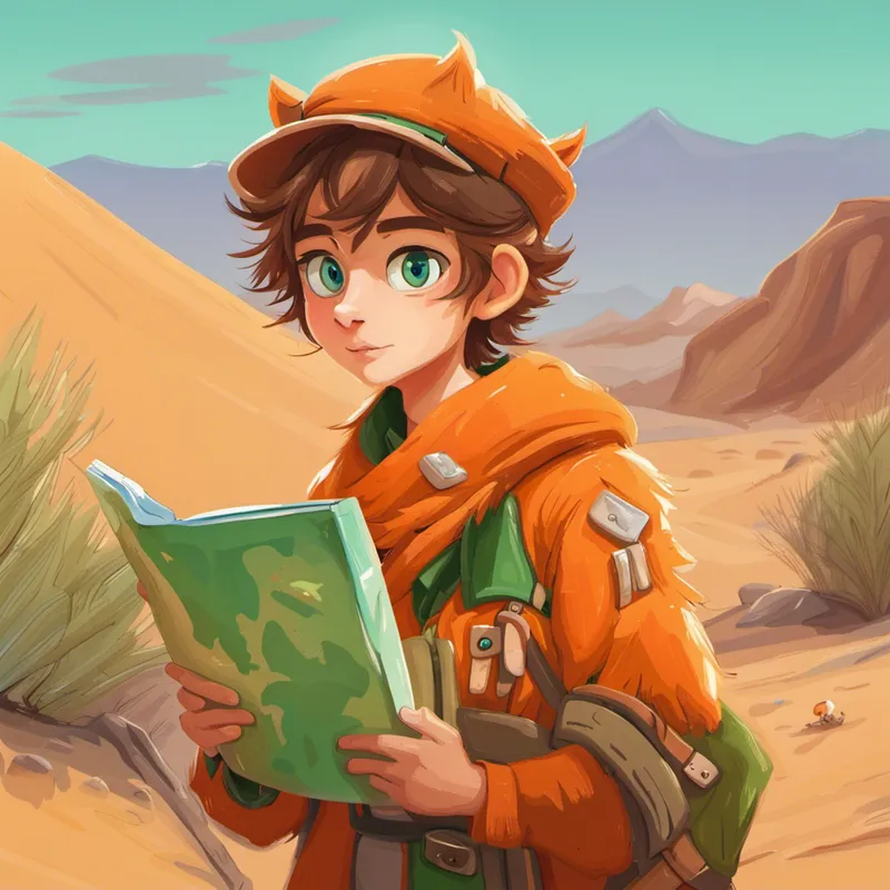 Curious and playful, with orange fur and green eyes. talking to a desert guide with a map