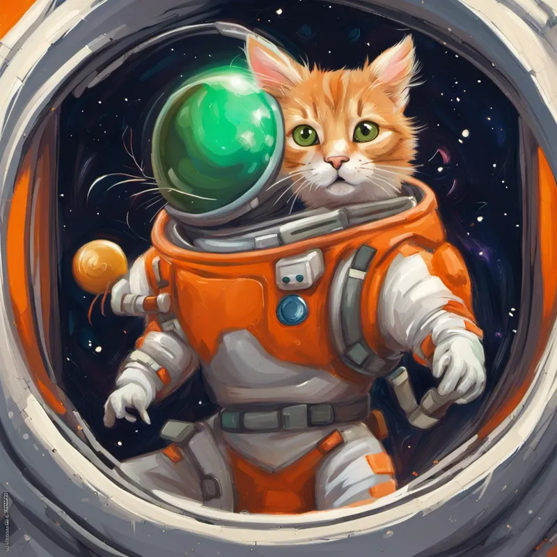 Curious and playful, with orange fur and green eyes. in a spacesuit, floating near a rocket