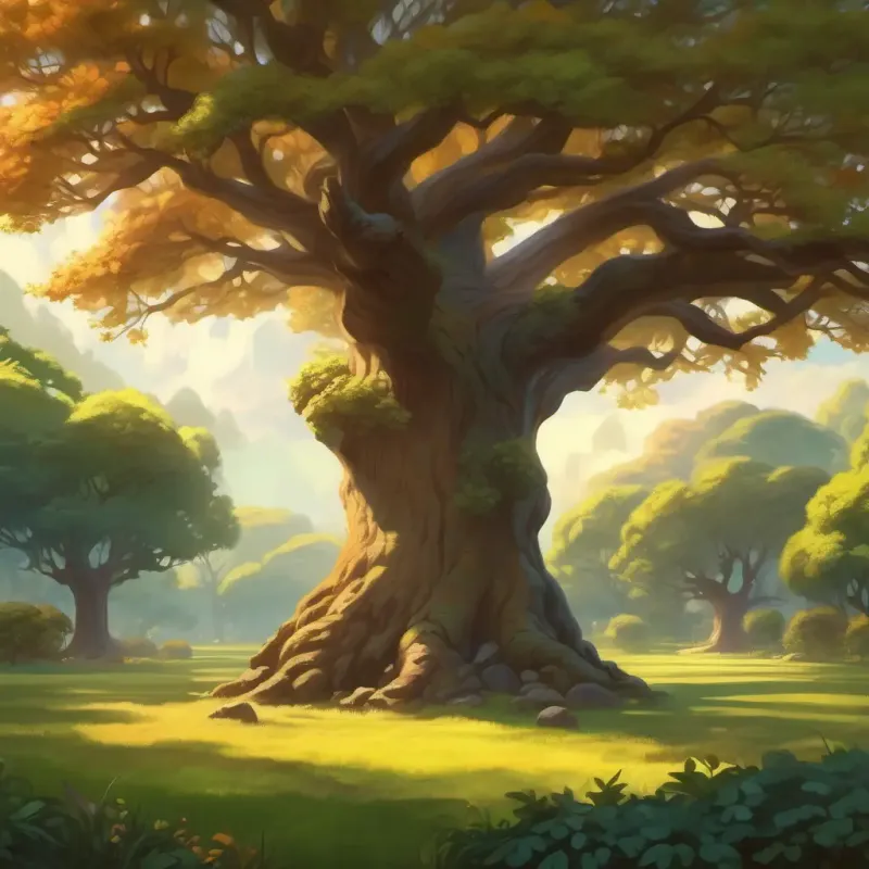 Describing the old oak tree, central to the garden.