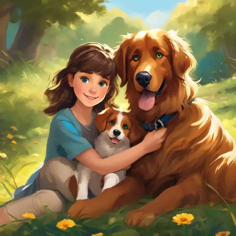 Young girl, long brown hair, bright blue eyes, Energetic boy, short brown hair, green eyes, and Friendly dog, golden fur, loyal eyes playing, showing sibling bonding.