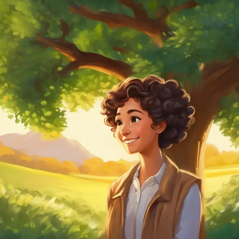 Kind woman, curly brown hair, warm smile sharing wisdom about family and the oak tree.