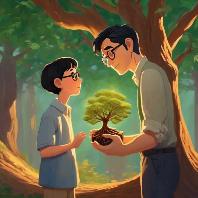 Tall man, glasses, short black hair, kind eyes explaining the tree's roots, comparing to family love.