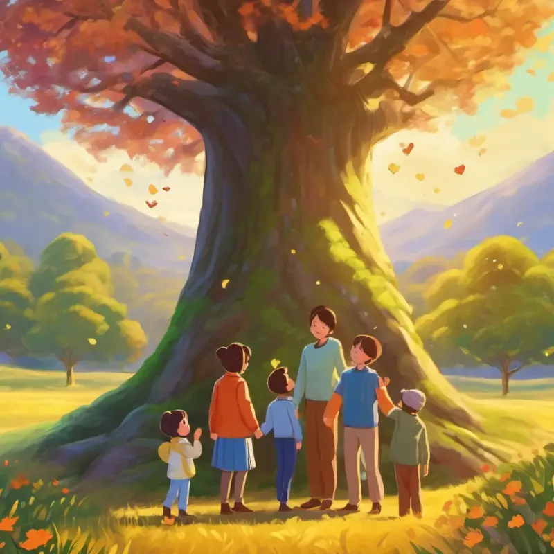 Family expressing gratitude to the tree, showing love.