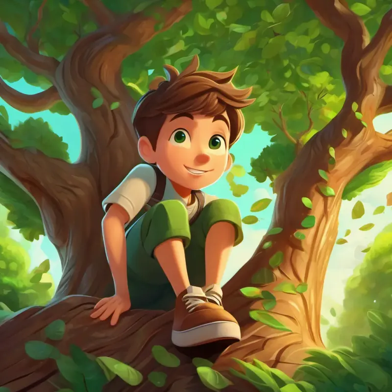 Energetic boy, short brown hair, green eyes carving initials, symbolizing growth with the tree.