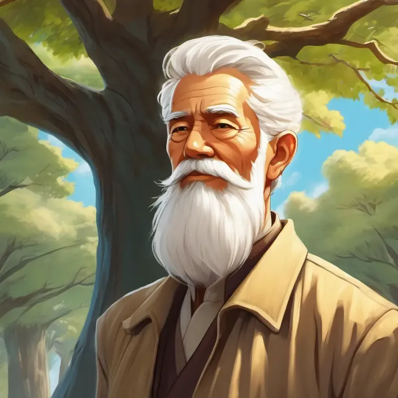Elderly, white hair, beard, gentle face recounting history, showing the tree's age and family heritage.