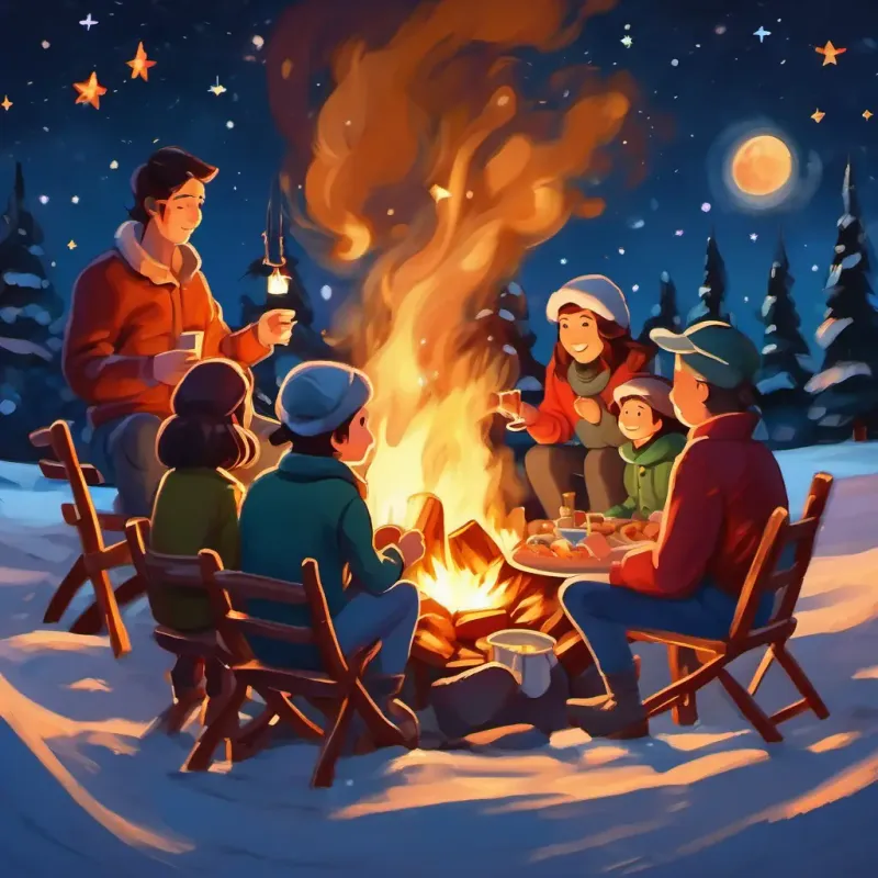 Family enjoying dinner by the campfire, stars peeking through the darkening sky