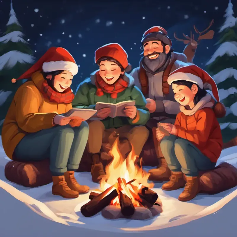 Family sitting around the campfire, laughing, cozy sleeping bags