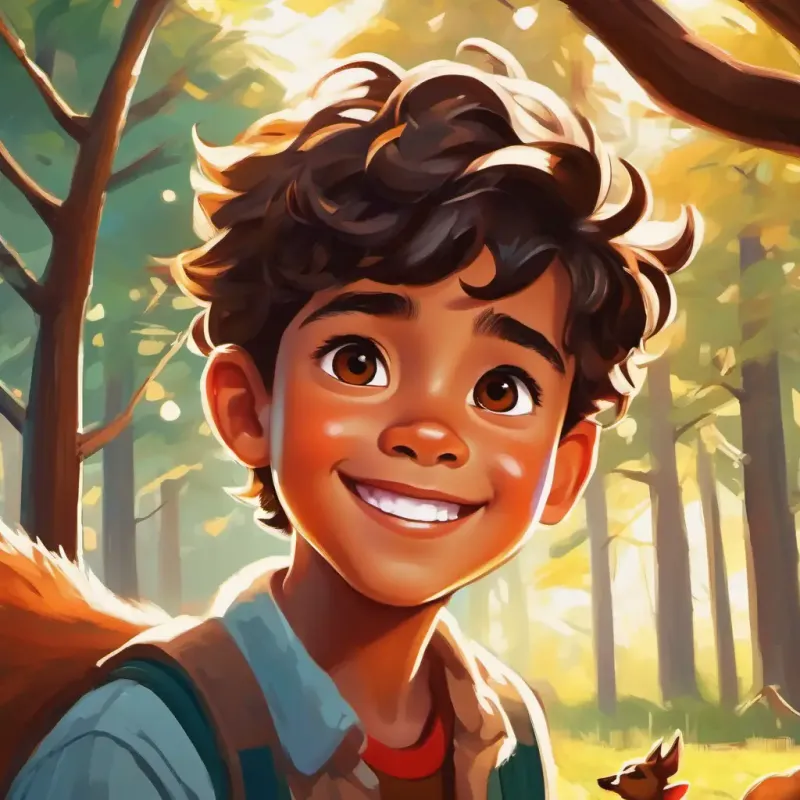 Boy with tan skin, curious brown eyes, and a bright smile observing deer, morning sunlight, awe on his face