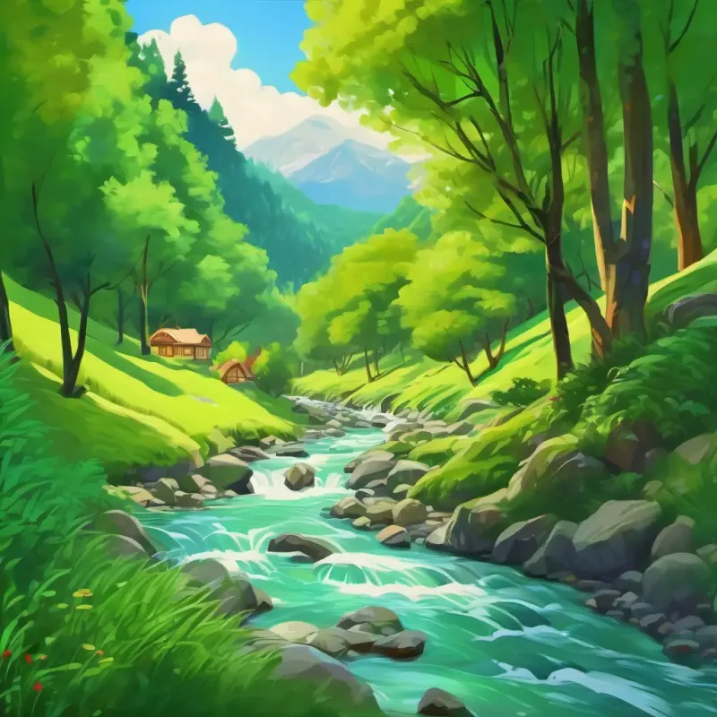 Family hiking, lush green landscape, beautiful stream