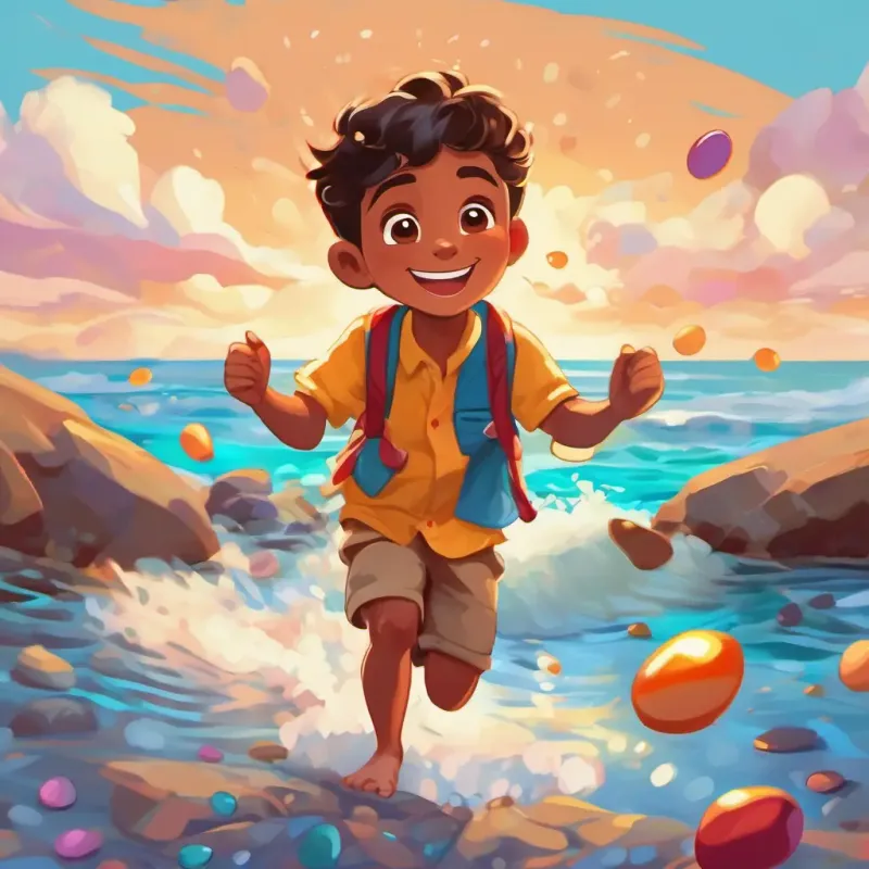 Boy with tan skin, curious brown eyes, and a bright smile skipping stones, colorful pebbles, joy on his face