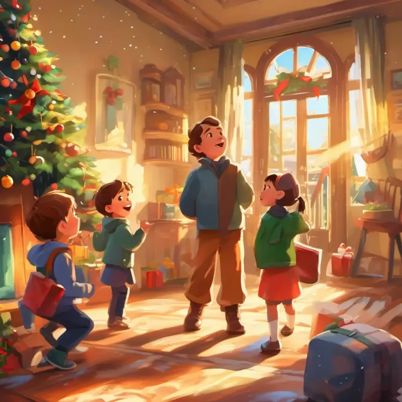 Family playing scavenger hunt, bright sunshine, excitement in the air