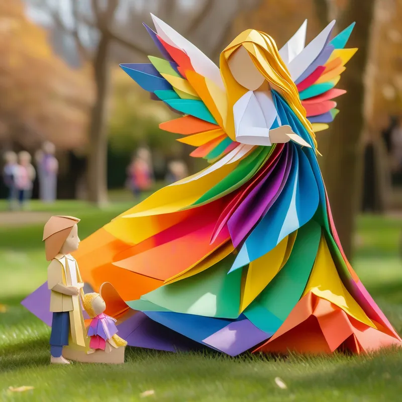 Angel of the Word with golden hair and rainbow gown meeting children in a colorful park