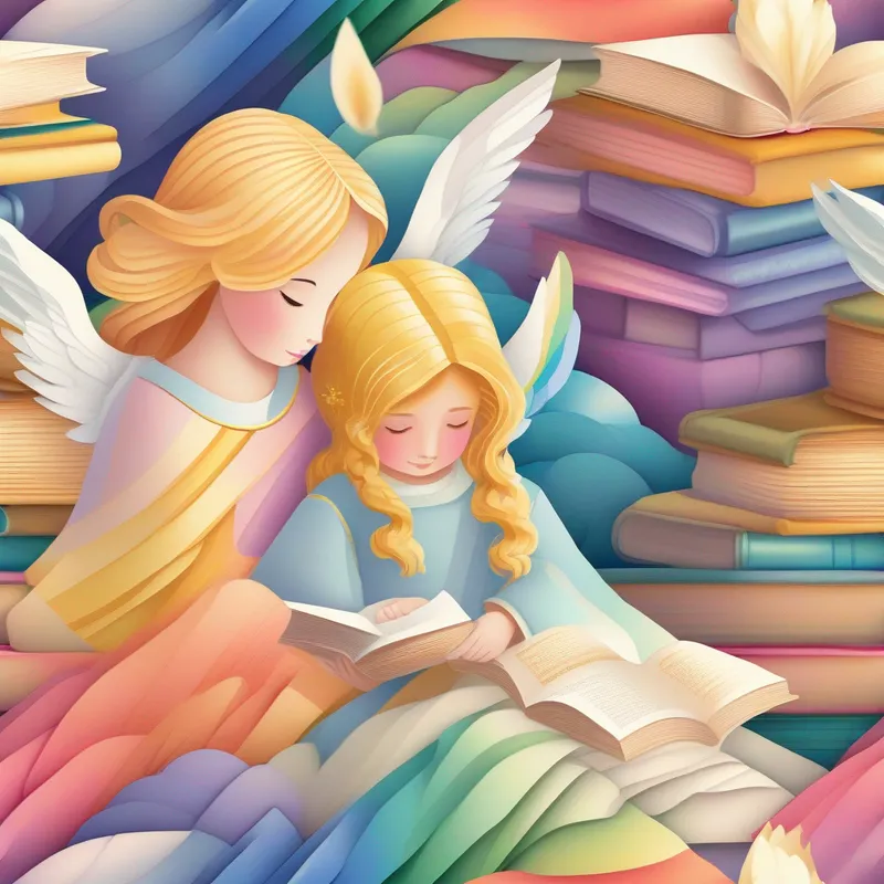 Angel of the Word with golden hair and rainbow gown comforting Lily, a sad girl with books around