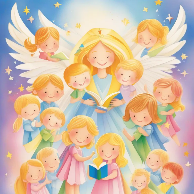 Angel of the Word with golden hair and rainbow gown surrounded by happy children, holding books