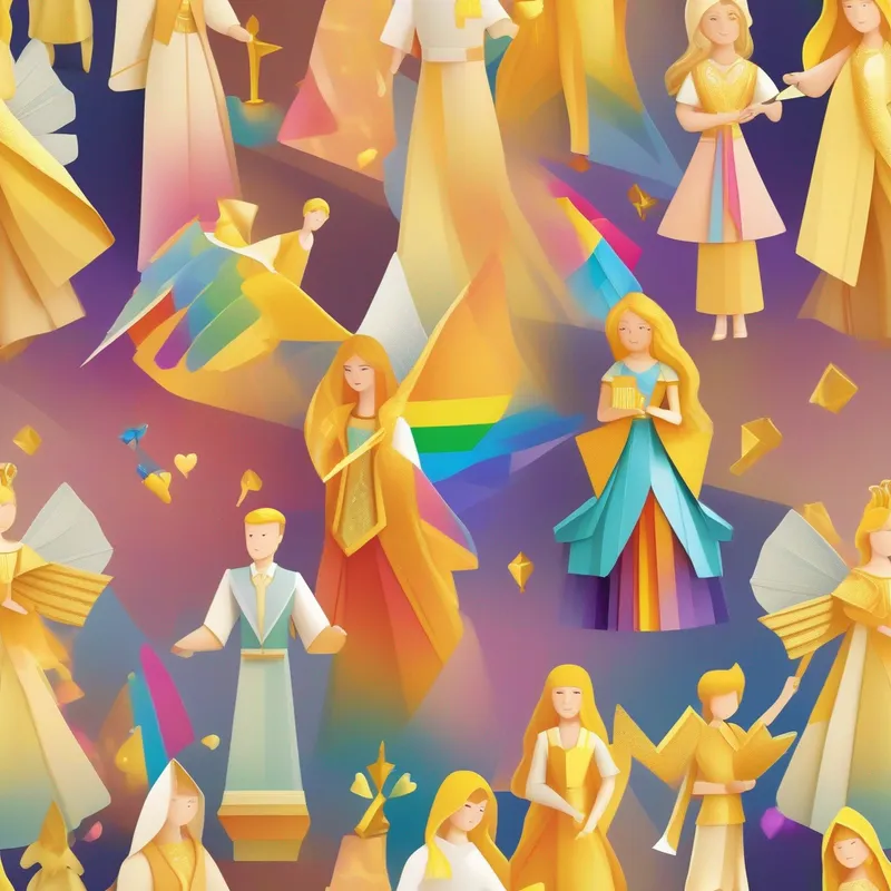 Wordville townspeople honoring Angel of the Word with golden hair and rainbow gown with a golden trophy