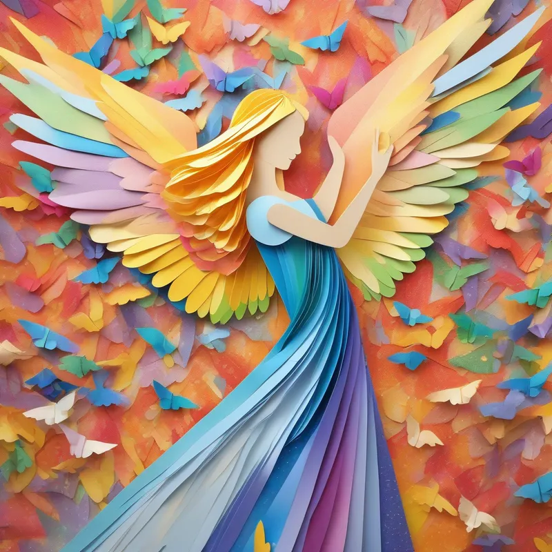 Angel of the Word with golden hair and rainbow gown spreading her wings, surrounded by colorful words