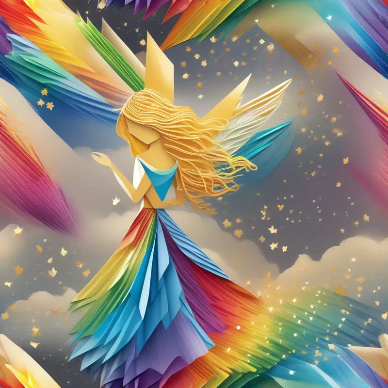 Angel of the Word with golden hair and rainbow gown flying across the world, leaving a trail of shining words