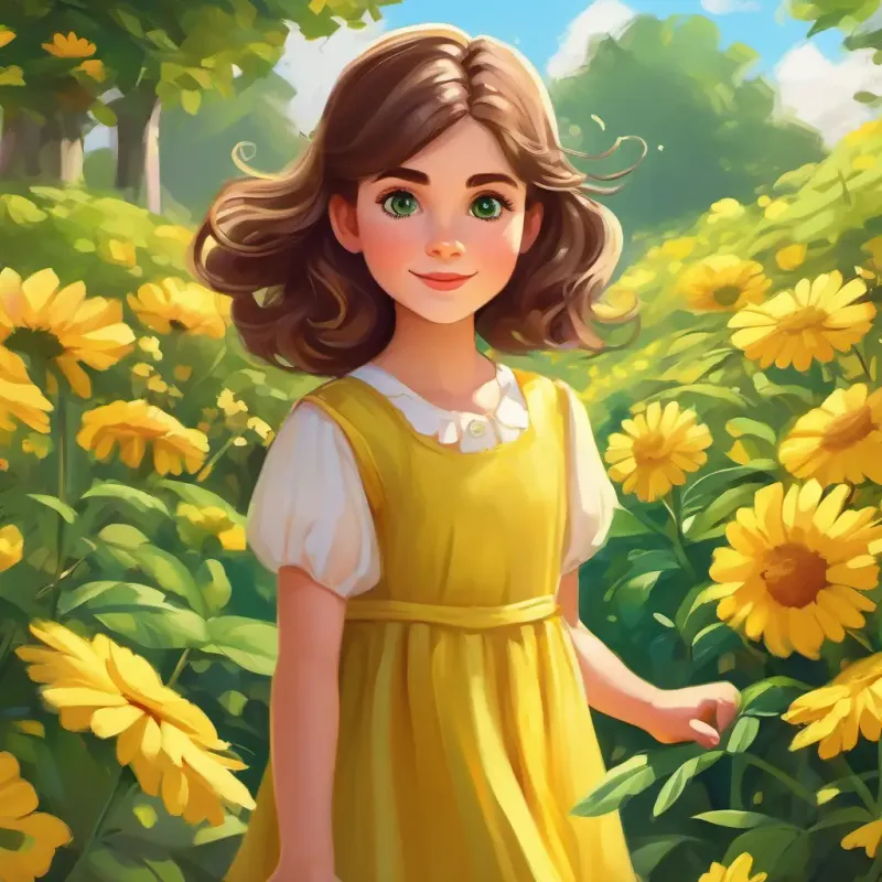 Curious girl, brown hair, green eyes, always wears a yellow dress in the garden, sunny and happy, surrounded by colorful flowers.