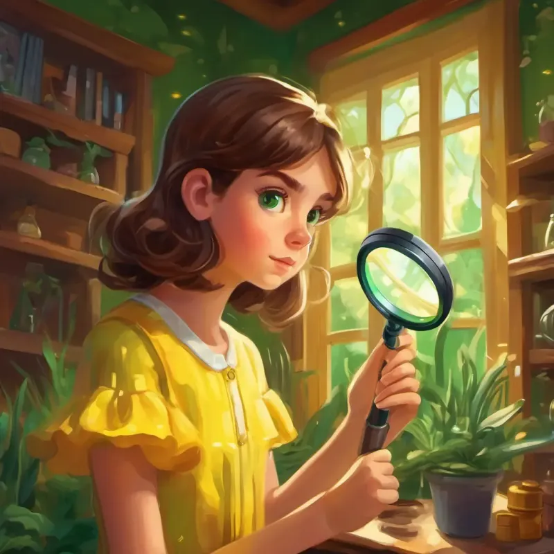 Curious girl, brown hair, green eyes, always wears a yellow dress finds a tiny, twinkling microbe through her magnifying glass.