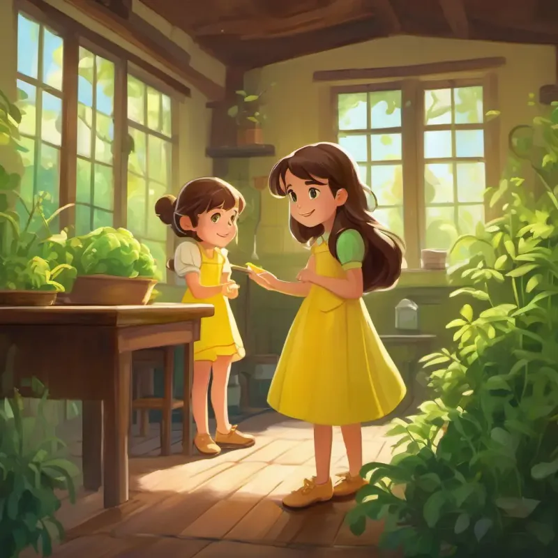 Curious girl, brown hair, green eyes, always wears a yellow dress's parents smile, helping her investigate the microbe.