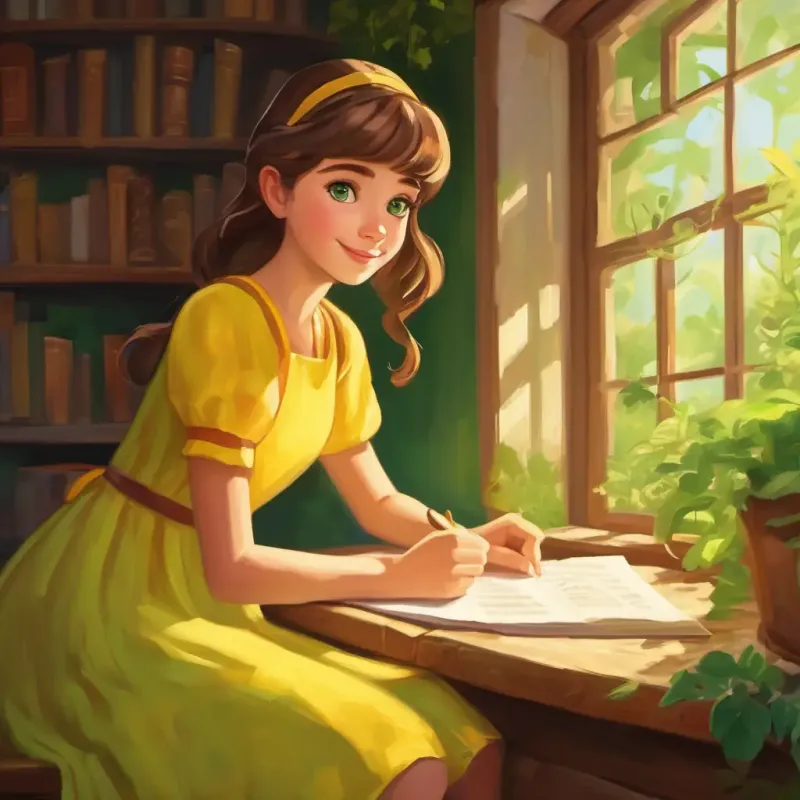 Curious girl, brown hair, green eyes, always wears a yellow dress reads about the helpful microbe, smiling with newfound knowledge.