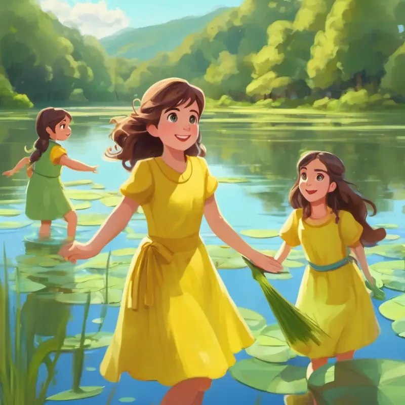 Curious girl, brown hair, green eyes, always wears a yellow dress and her friends think and talk excitedly about using the microbe to clean the lake.