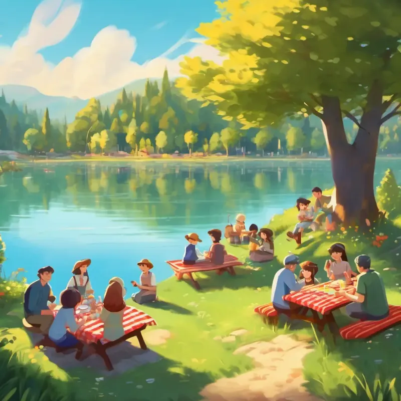 Everyone is happy, having a big picnic by the clean and sparkling lake.