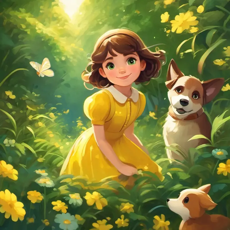 Curious girl, brown hair, green eyes, always wears a yellow dress and her friends happily plan more adventures with their tiny, twinkling friend.