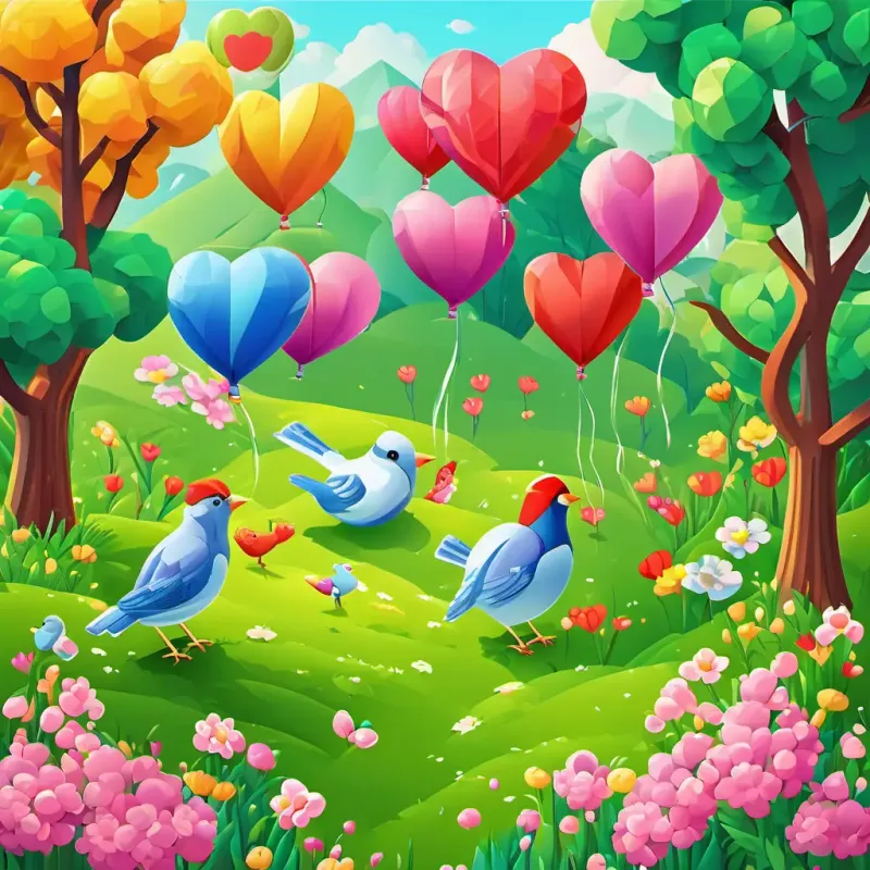 The birds are happily hanging heart-shaped balloons on trees. The meadow is filled with colorful flowers and green grass.