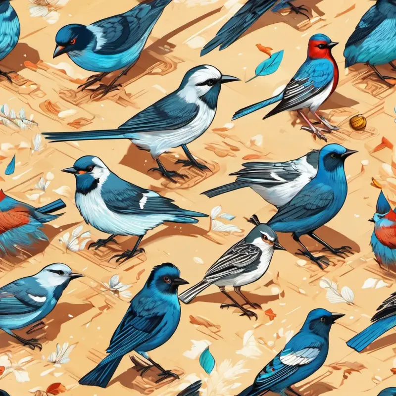 The birds are chasing after their food, with worried expressions on their faces. The wind is blowing strongly, making the food fly away.